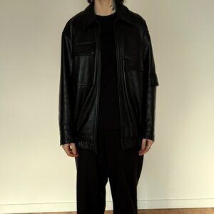 TIBI AVIATOR LEATHER BOMBER JACKET IN BLACK